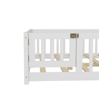 Sunvega Twin Size Floor Bed with Safety Guardrails and Door for Kids in Natural