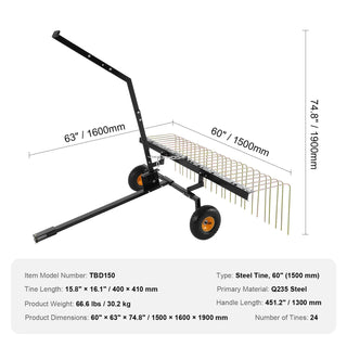 Sunvega Tow Behind Dethatcher with 24 Steel Tines for Efficient Lawn and Leaf Removal