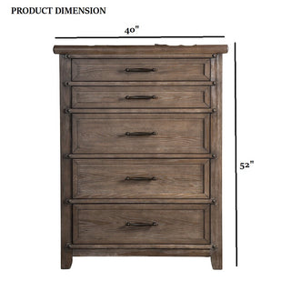 Sunvega Transitional Brown Oak Veneer Panel Headboard 5-Drawer Chest with Ball Bearing Glides