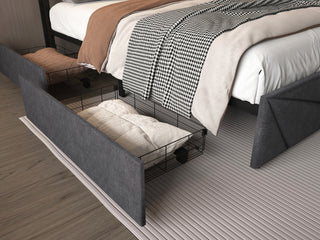 Sunvega Queen Upholstered Bed Frame with Headboard LED Lights Charging Station and 4 Storage Drawers