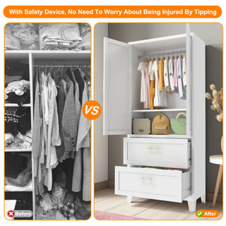 Sunvega White 71 Inch Tall Steel Wardrobe Cabinet with 2 Drawers and Adjustable Shelf