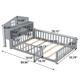 Sunvega Natural Wooden Montessori Floor Bed Frame with Fence and Door for Kids