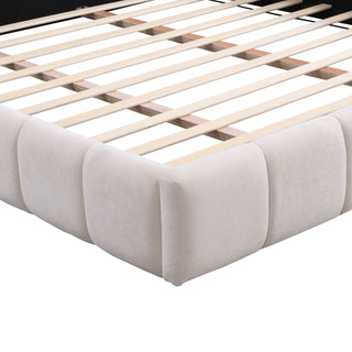 Sunvega Elegant Beige Chenille Upholstered King Bed with Checkerboard Headboard