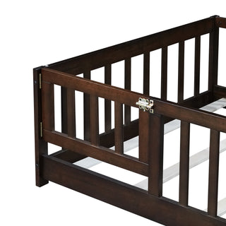 Sunvega Natural Rubber Wood Twin Size Floor Bed with Safety Guardrails and Door