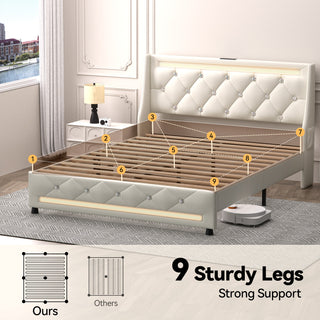 Sunvega Queen Size Bed Frame with Headboard LED Lights Charging Station Storage