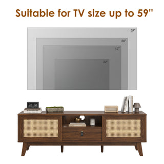 Sunvega Mid Century Modern Rattan TV Stand Media Console with Drawer and Cabinets