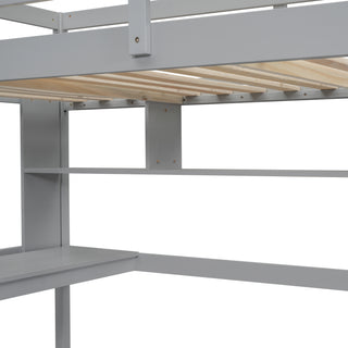 Sunvega Twin Size Loft Bed with Desk, Shelves, Safety Guardrail and Ladder in White