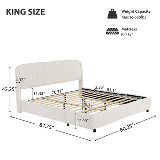 Sunvega King Size Boucle Upholstered Platform Bed with Curved Headboard