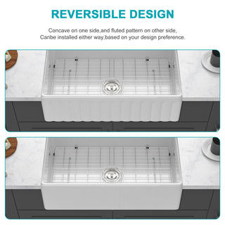 Sunvega 33 Inch White Porcelain Ceramic Farmhouse Kitchen Sink Workstation with Reversible Apron