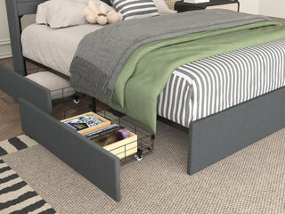 Sunvega Queen Upholstered Bed Frame with Headboard LED Lights Charging Station and 4 Storage Drawers