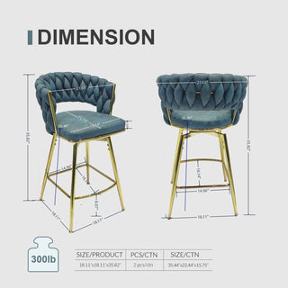 Sunvega Set of 2 Blue Suede Woven Swivel Bar Stools with Golden Legs and Footrest