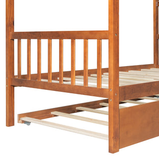 Sunvega Twin Size Wooden House Bed with Trundle and Headboard for Kids Room