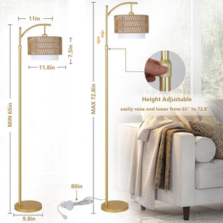 Sunvega Adjustable Farmhouse Arc Floor Lamp with Rattan & Fabric Shades and Remote