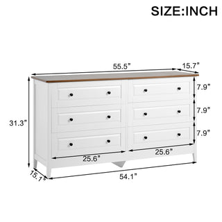 Sunvega White Dresser with 6 Spacious Drawers and Metal Handles for Bedroom