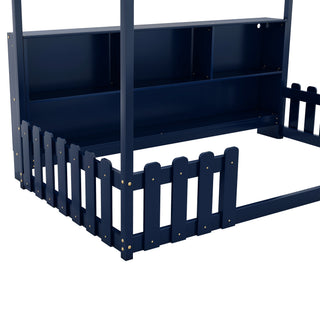 Sunvega Twin House Bed with LED Light Storage Bookshelf Guardrails for Kids Navy Blue