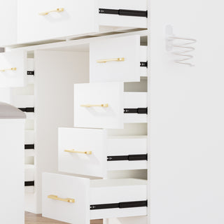Sunvega White Glass Top Vanity Desk with 10 Drawers and Lighted Mirror