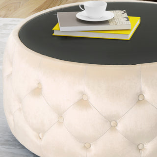 Sunvega Modern Glam Velvet Ottoman with Tempered Glass Top and Button Tufting
