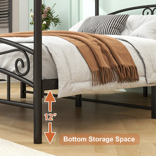 Sunvega Sturdy Queen Metal Canopy Bed Frame with Vintage Headboard and Footboard
