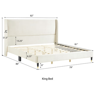Sunvega King Beige Velvet Wingback Platform Bed with Low Profile Design
