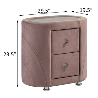 Sunvega Pink Velvet Upholstered Modern Nightstand with Two Drawers and Glass Top