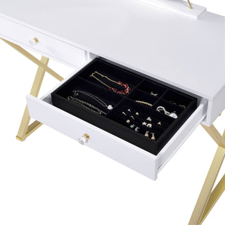 Sunvega White and Gold Vanity Desk with Mirror and Jewelry Storage Tray