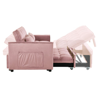 Sunvega Pink Velvet Convertible Sofa Bed with Reclining Backrest and Storage Pockets