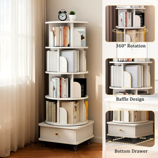 Sunvega 360° Rotating Bookshelf with Wheels and Drawer for Space-Saving Storage