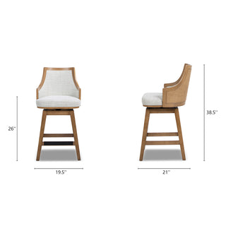 Sunvega Handcrafted Taupe Beige Cane Rattan Swivel Counter Stool with Recessed Arms