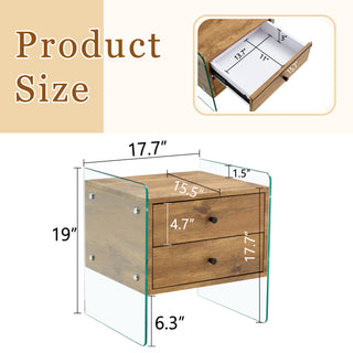 Sunvega MDF and Tempered Glass Double-Drawer Bedside Table with Storage Cabinet