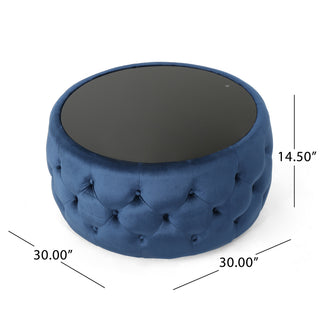 Sunvega Modern Glam Velvet Ottoman with Tempered Glass Top and Button Tufting