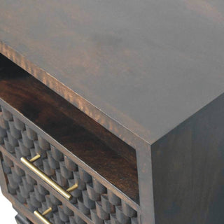 Sunvega Solid Mango Wood Arno Bedside Table with Carved Block Pattern and Drawers