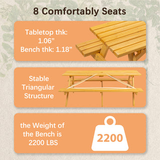 Sunvega Fir Wood Picnic Table with 2 Benches 75 Inch Dining Surface 2220lb Capacity