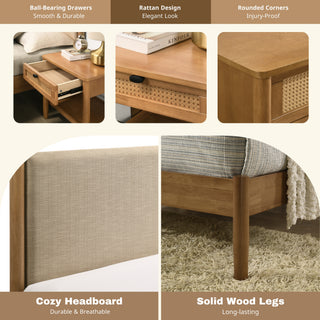 Sunvega Rubberwood Queen Bedroom Set with Corduroy Upholstered Bed Dresser Mirror Nightstand