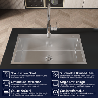 Sunvega 32x19 Inch Overmount Single Bowl Kitchen Sink in Brushed Nickel