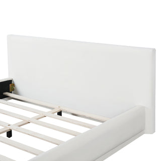 Sunvega Upholstered Bed with Padded Headboard and Wooden Slat Frame in White