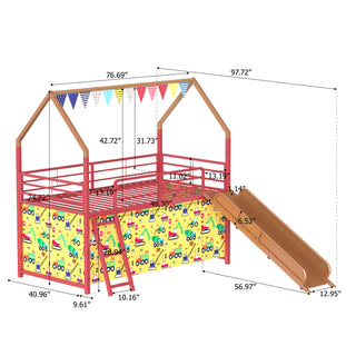 Sunvega Marvel Superhero Metal Twin Loft Bed with Slide and Curtain Set