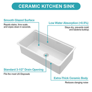 Sunvega 33 Inch White Porcelain Ceramic Farmhouse Kitchen Sink Workstation with Reversible Apron