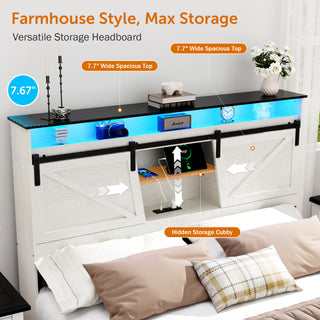 Sunvega Farmhouse Full Size Bed Frame with Storage Headboard, Drawers, Charging Station & LED Lights