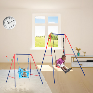 Sunvega Blue and Red 2 in 1 Baby Swing Set for Outdoor Playground Age 3+
