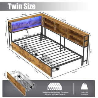 Sunvega Corner Bed Frame with Storage Bookcase Drawers LED Light Charging Station
