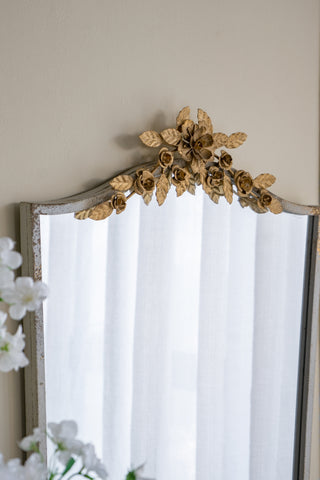 Sunvega Large Rectangular Full Length Mirror with Distressed Ivory Frame and Gold Floral Crown