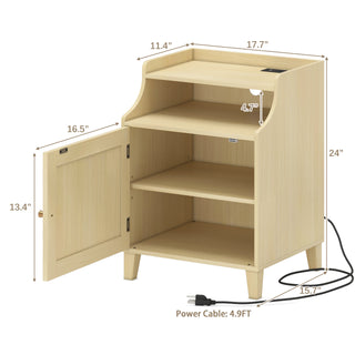 Sunvega Farmhouse Nightstand with Charging Station Rattan Door and Adjustable Shelf