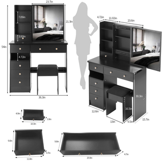 Sunvega Small Size Left Drawer Vanity Table with Cushioned Stool and Sliding Mirror
