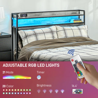 Sunvega Full Size Upholstered Platform Bed Frame with LED Lights and Charging Station