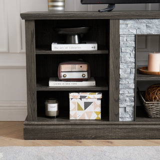 Sunvega 70.12" White Faux Stacked Stone Media Console with Large Storage Cabinet