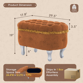 Sunvega Orange Upholstered Button-Tufted Storage Ottoman Bench with Fringe for Bedroom