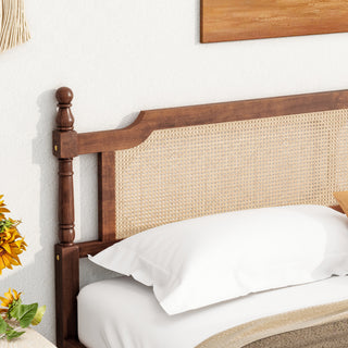 Sunvega King Pine Wooden Bed with Rattan Headboard and Footboard, Walnut
