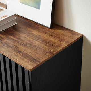 Sunvega Mid Century Modern Nightstand with Grille Striped Doors and Metal Legs