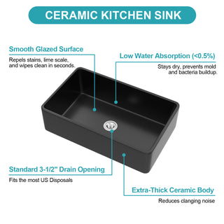 Sunvega 33 Inch White Porcelain Ceramic Farmhouse Kitchen Sink Workstation with Reversible Apron