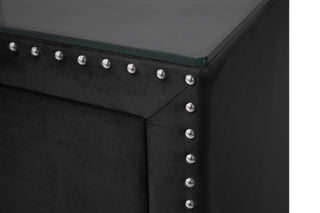 Sunvega Glam Style Black Finish Two Drawers Nailhead Tufted Nightstand with Tempered Glass